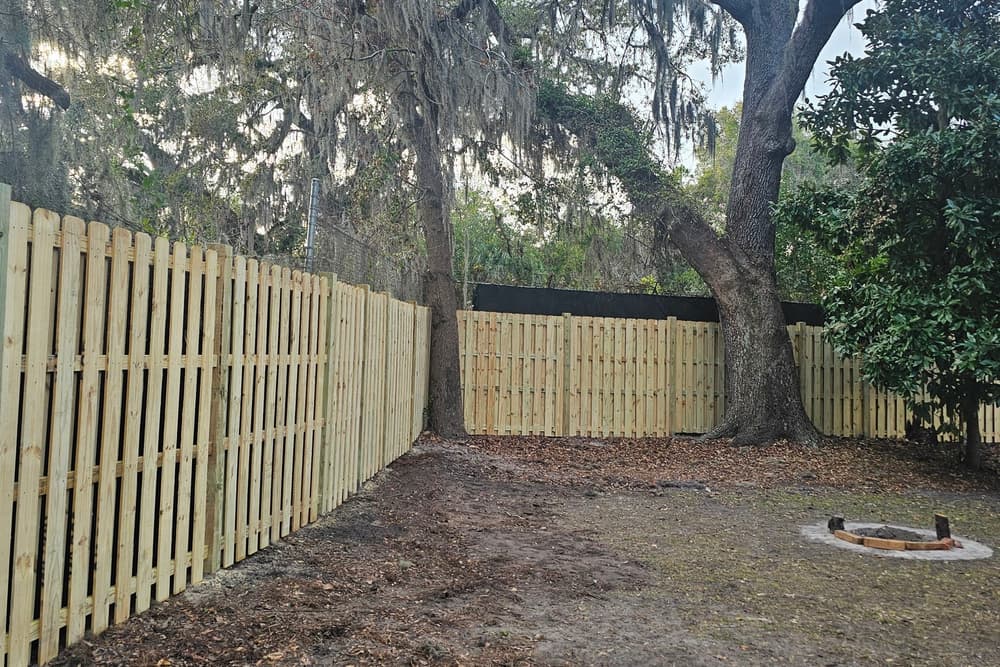 Wood shadowbox fence around a back yard under a large live oak with a stone fire pit