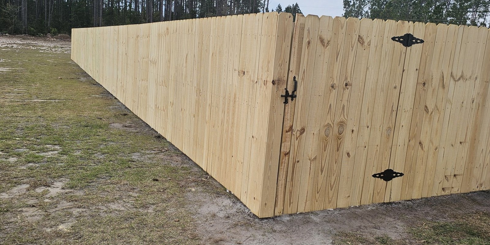 New dog-ear wood privacy fence with a closed gate running across an open lot beside planted pines
