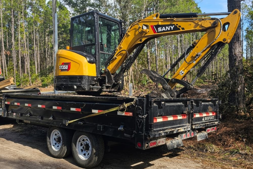 Mini excavator chained down on a dump trailer on a sand track through pine woods