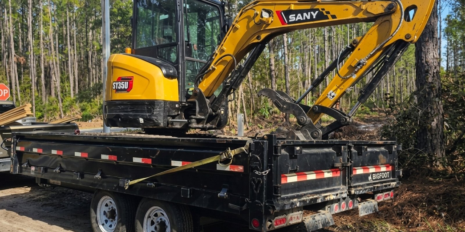 Yellow mini excavator strapped to a black dump trailer on a sandy track through tall pine woods